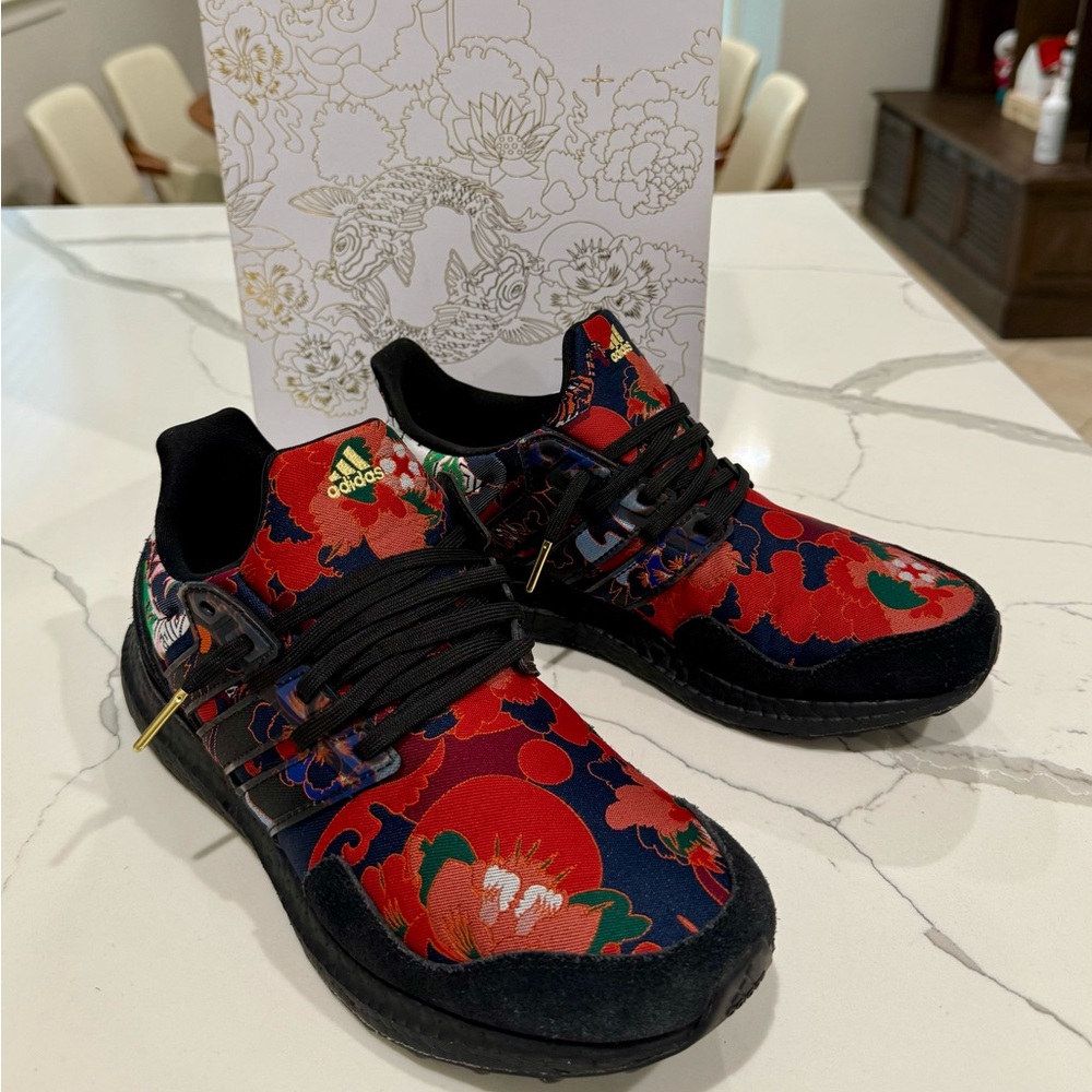 Adidas UltraBOOST DNA Red and Black Floral Sneakers men’s 8.5
